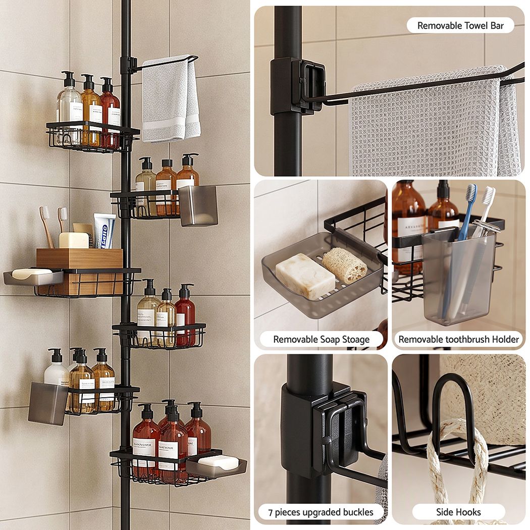 Artiss Tension Pole Shower Caddy Steel Corner Bathroom Shelf Black โ image 5