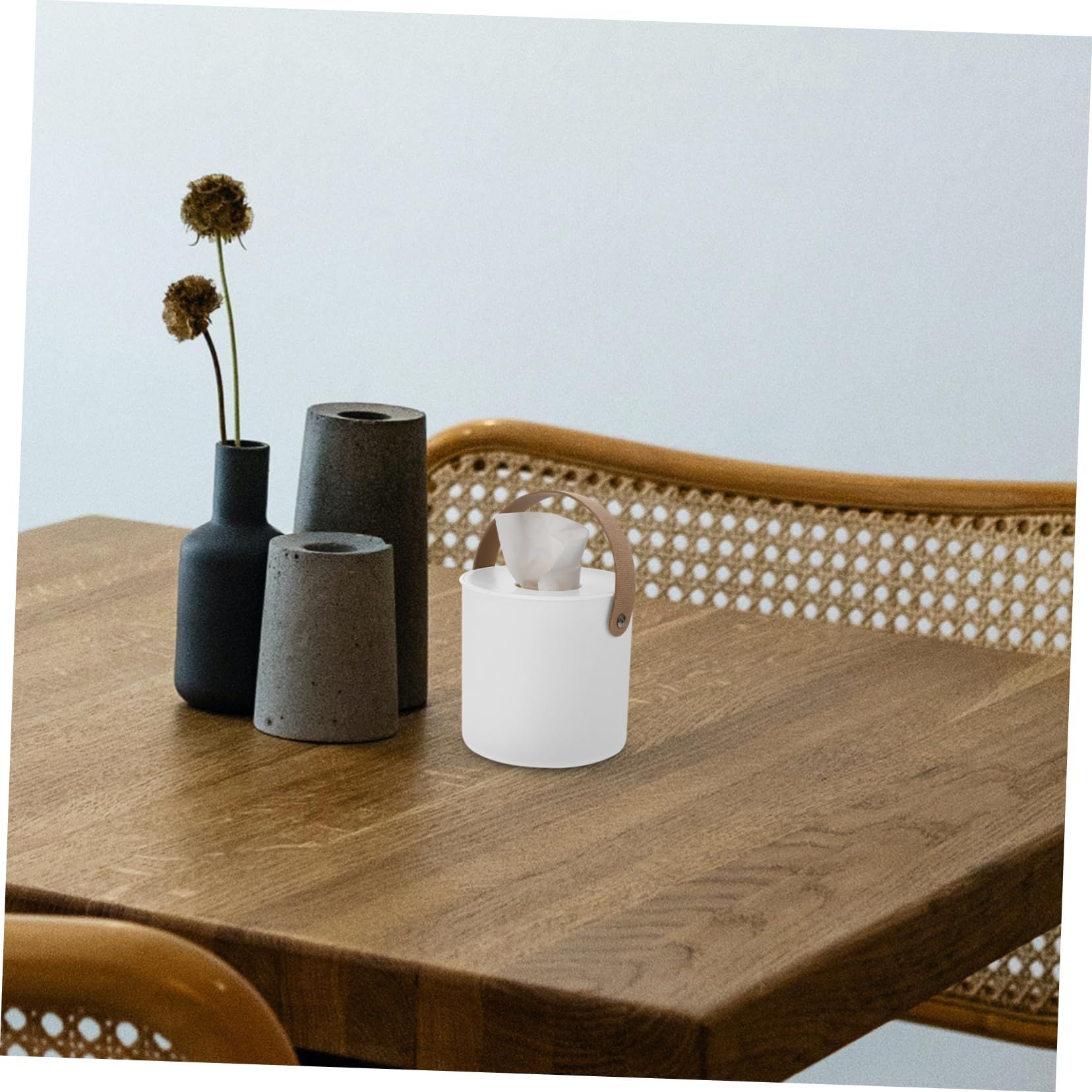 Modern Round Tissue Dispenser Holder Plastic Box Cover Napkin Organizer with leather handles for bathroom vanity tops โ image 5
