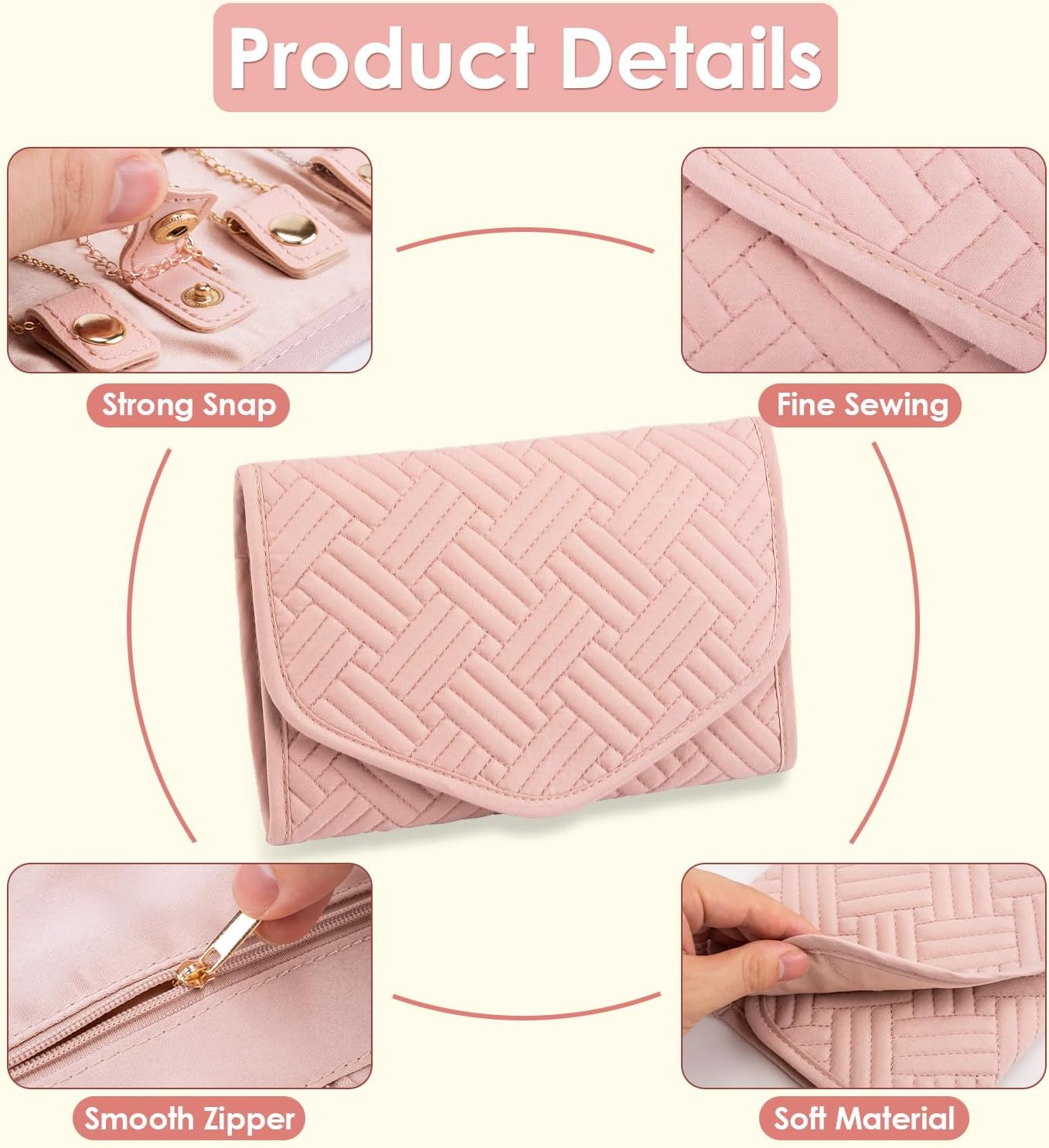 Travel Jewelry Organizer Bag Anti-Tangle Foldable Small Jewelry Roll Travel Case Accessory for Necklaces, Earrings, Rings, Bracelets, Watches, Pink — image 3