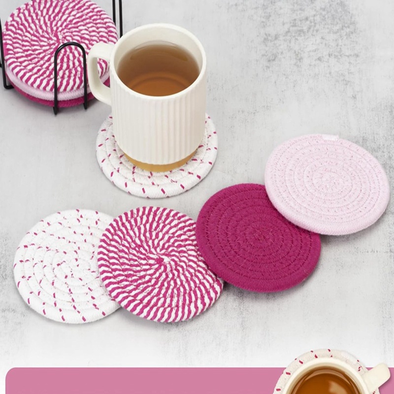 Beige and Khaki Absorbent Woven Cotton Coasters - Set of 8 with Metal Holder - Heat Resistant Drink Mats for Table Protection โ image 3