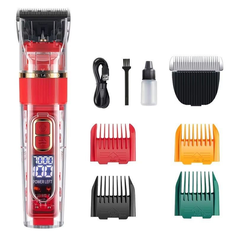 Rechargeable Pet Hair Clippers Red - 2000mAh Dog and Cat Grooming Trimmer with Transparent Housing, Smart Digital Display, Adjustable Cutting Length