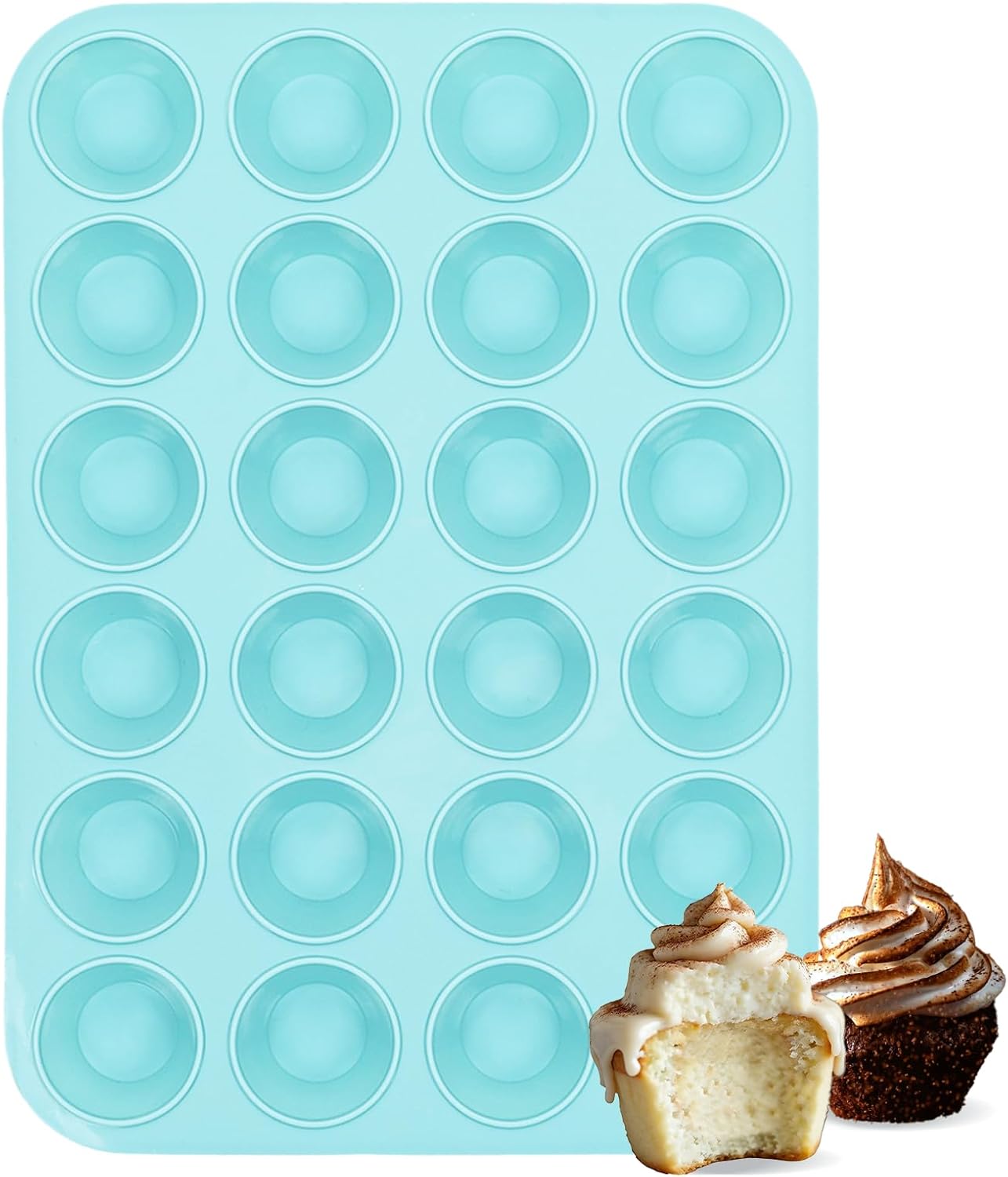 Silicone Mini Muffin Pan, 24 Cups Nonstick Cupcake Pan for Baking Muffin, Cupcake, Egg Bites, Fat Bomb, Light Blue