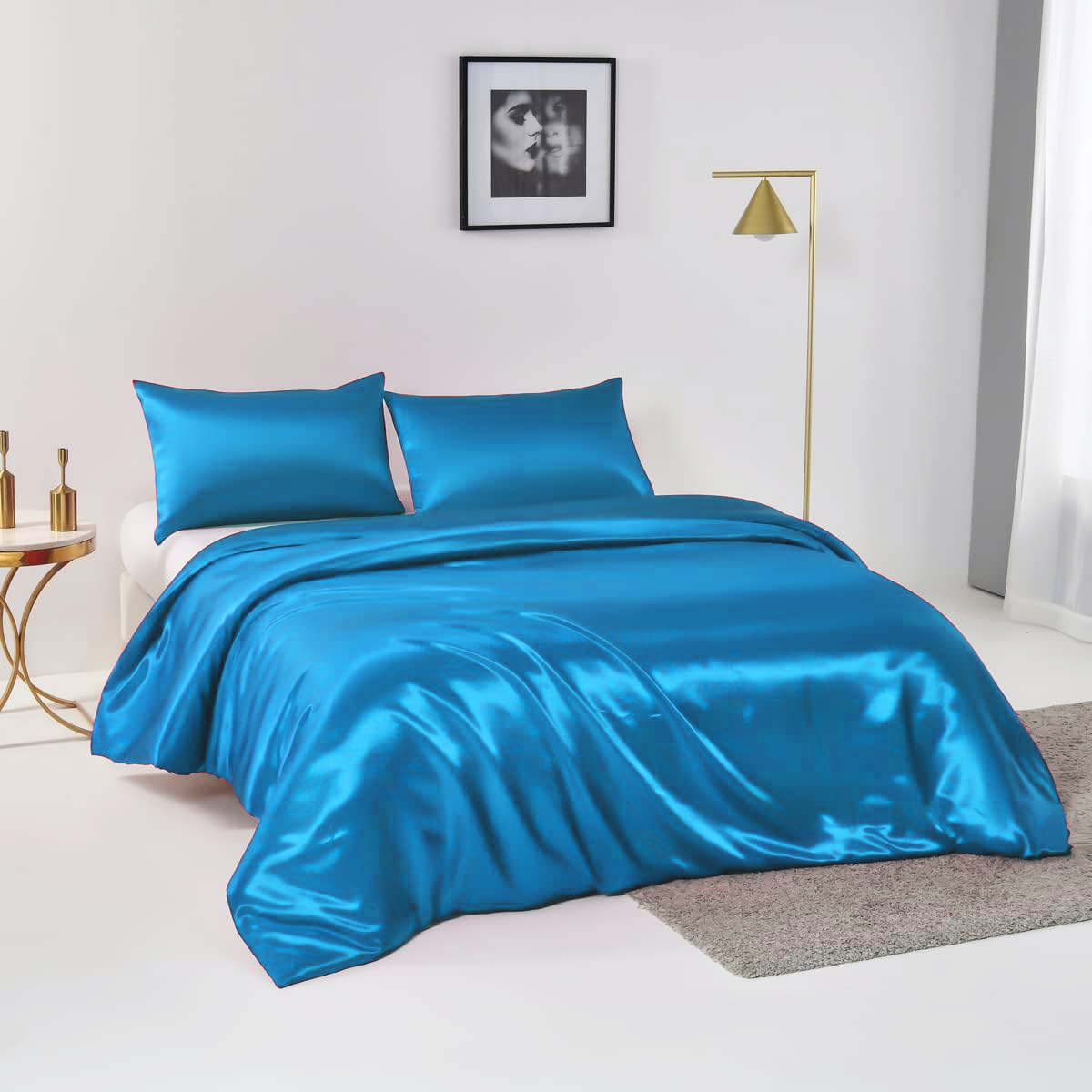 Satin Quilt cover Set Hotel 3 Pieces Quilt cover with Pillowcase, Art Silk Bedding Set-Luxury Soft Silky pillowcase for Hair and Skin, Similar to Silk