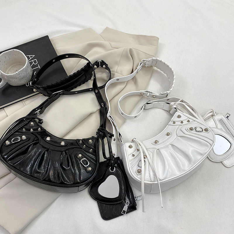 Blue Vintage Rivet Crescent Moon Bag with Card Holder & Mirror, French Retro PU Leather Shoulder & Crossbody Motorcycle Bag for Women โ image 2