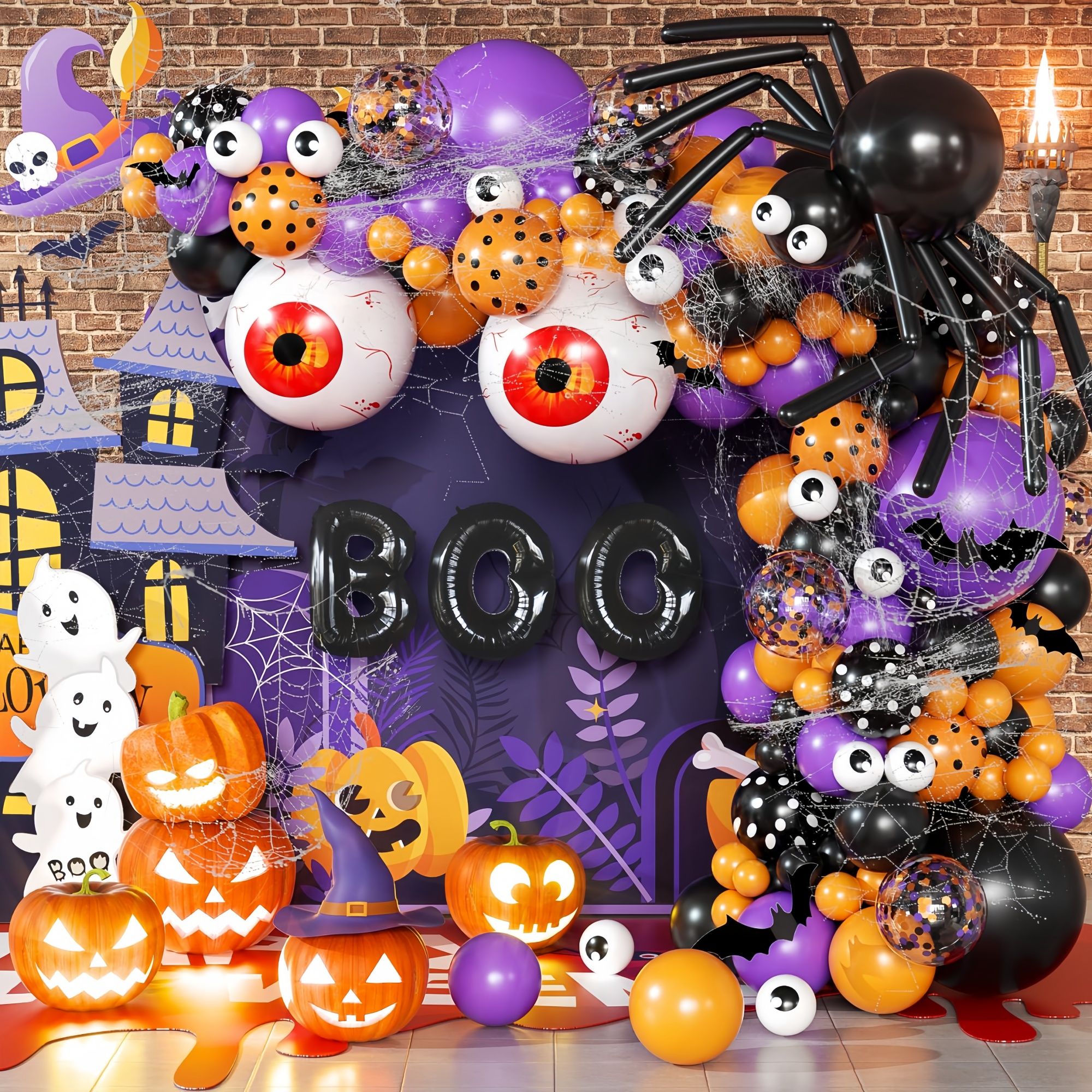 Halloween Decoration Set โ Light-Up Pumpkin Lamp,128 Pcs Halloween Party Balloon Garland Arch Kit & Hand Pump for Indoor Outdoor Halloween Porch,Fireplace