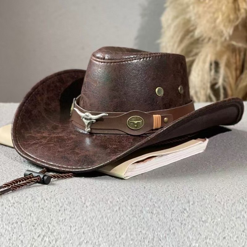 Rustic Western Cowboy Hat - Distressed Faux Leather Look Wide Brim Outback Sun Hat with Bull Head Emblem for Men & Women (Coffee Brown) — image 2