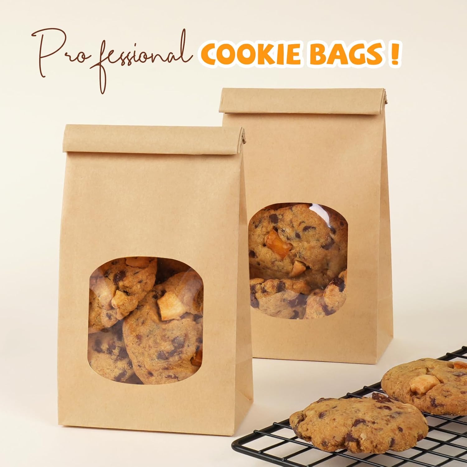 50 Pack Bakery Bags with Window, 3.9 × 2.3 × 8 Inches Tin Tie Tab Paper Cookie Bags Brown Small Gift Bag for Packaging Popcorn, Trail Mix, Treats, Snacks — image 5