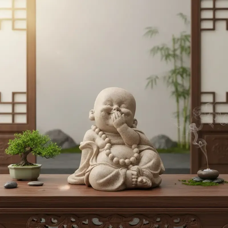 Zen Monk Resin Figurine, 3 poses hear-see-speak no evil, sandstone texture, serene smiling Buddha, perfect for tea pet, desk, car, indoor & garden decor — image 5