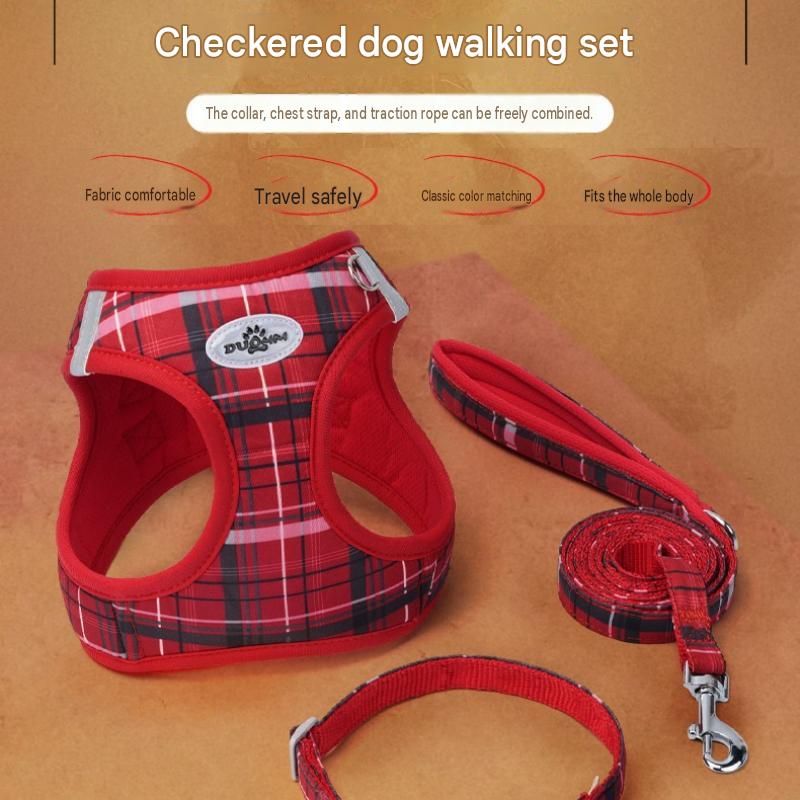 XXS Size Beige Classic Plaid Dog Harness Set- Breathable Mesh Vest and Adjustable Collar, WIith 1.5m Lead for pet, Anti-Pull Design โ image 3