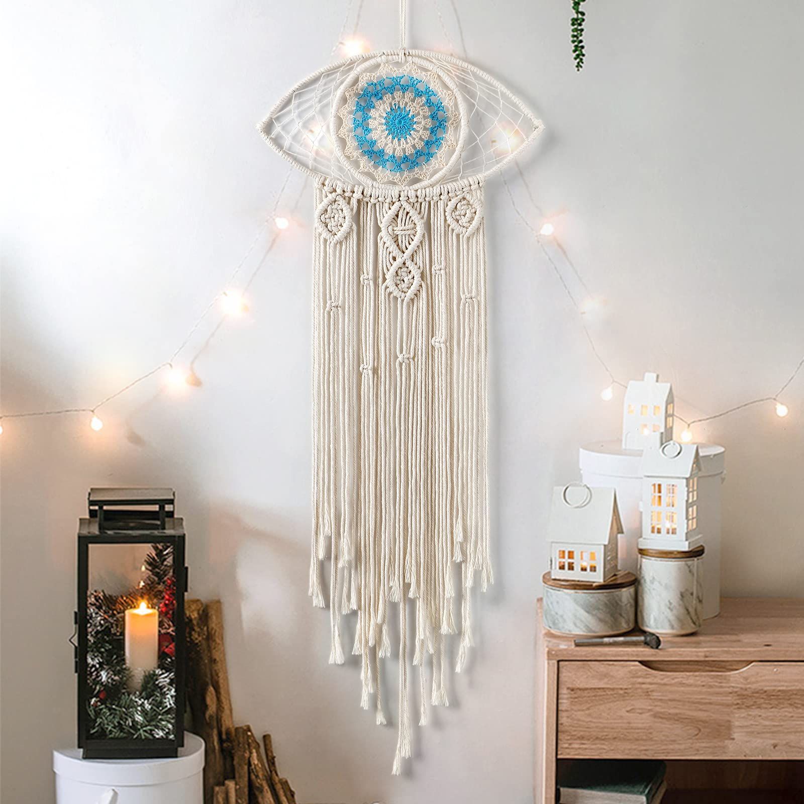 Large Boho Dream Catchers Evil Eye Macrame Wall Hanging Woven Dream Catcher for Bedroom Home Dorm Room Ornament(Beige) — image 5