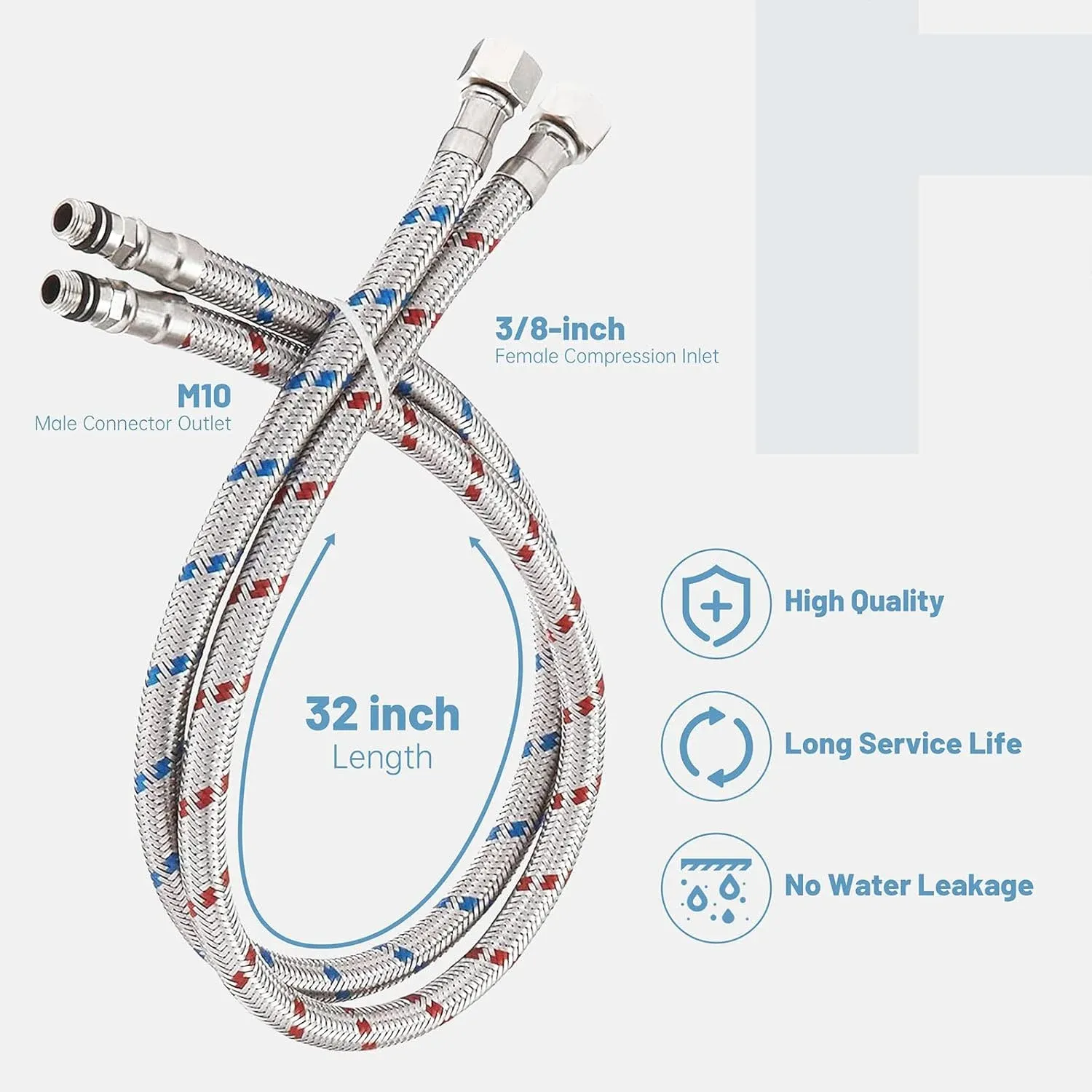 Bathroom Kitchen Faucet Connector Hoses, Braided Stainless Steel Supply Lines, 3/8 Inch Female x M10 Male, 32 Inch, 2 Pack — image 2