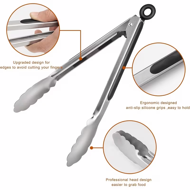 Stainless steel kitchen tongs set (2 pieces), silicone anti-slip handle, lockable barbecue food tongs, 22.86cm & 30.48cm, barbecue cooking tools โ image 6