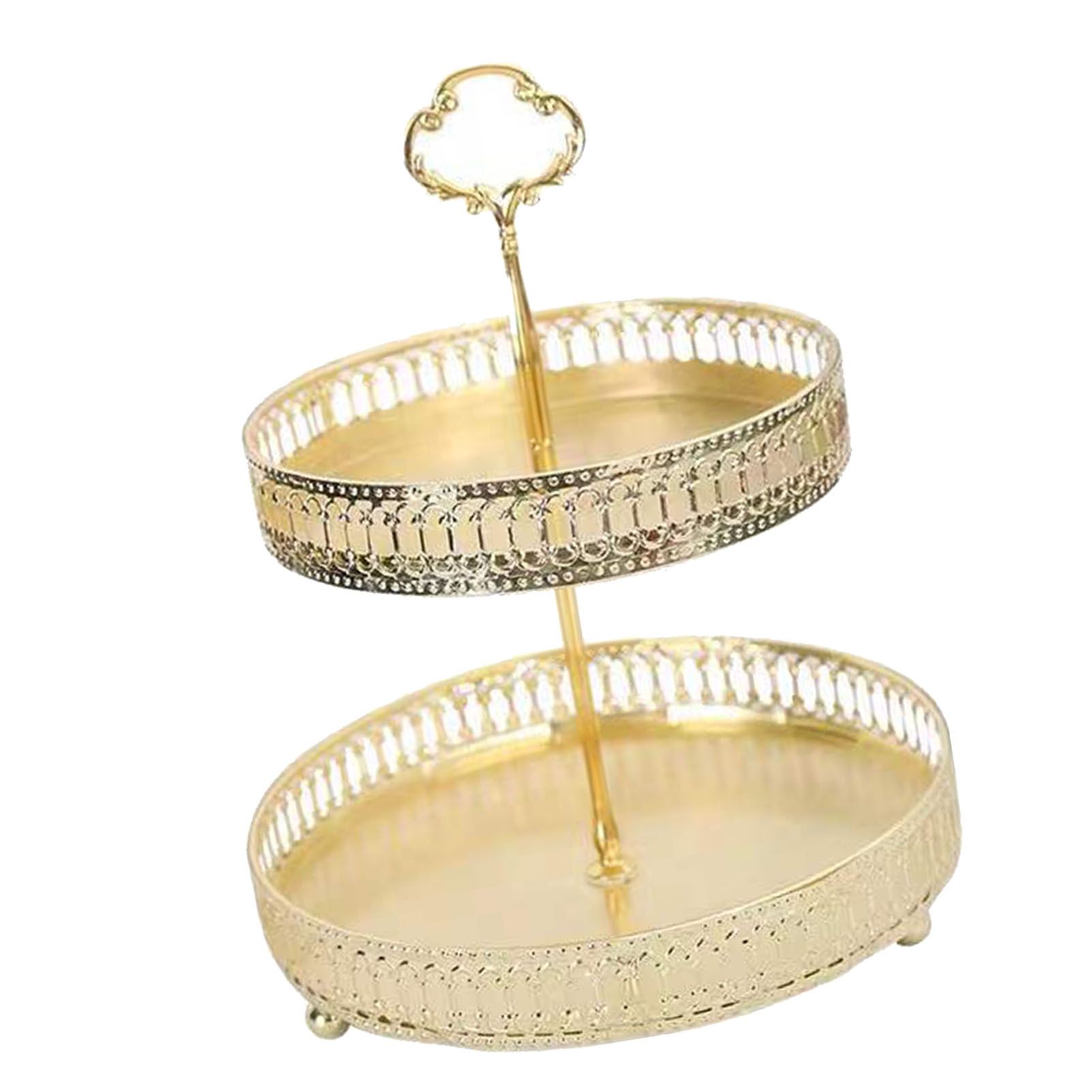 Double Layer Pastry Tray Decorative Copper Gold Biscuits Dessert Display Plate for Wedding Hollowed Out Vertical Grain — image 2