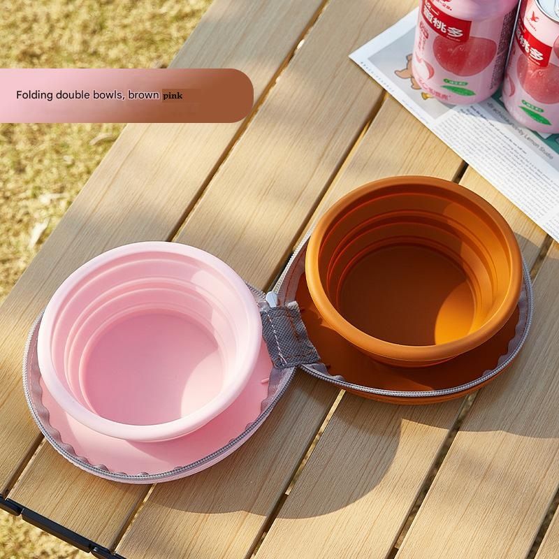 Brown and Pink Portable Collapsible Silicone Pet Bowl - Food Grade Silicone - Dual Bowl Design, Adjustable Height, Lightweight & Compact, Bear Paw Pattern, for