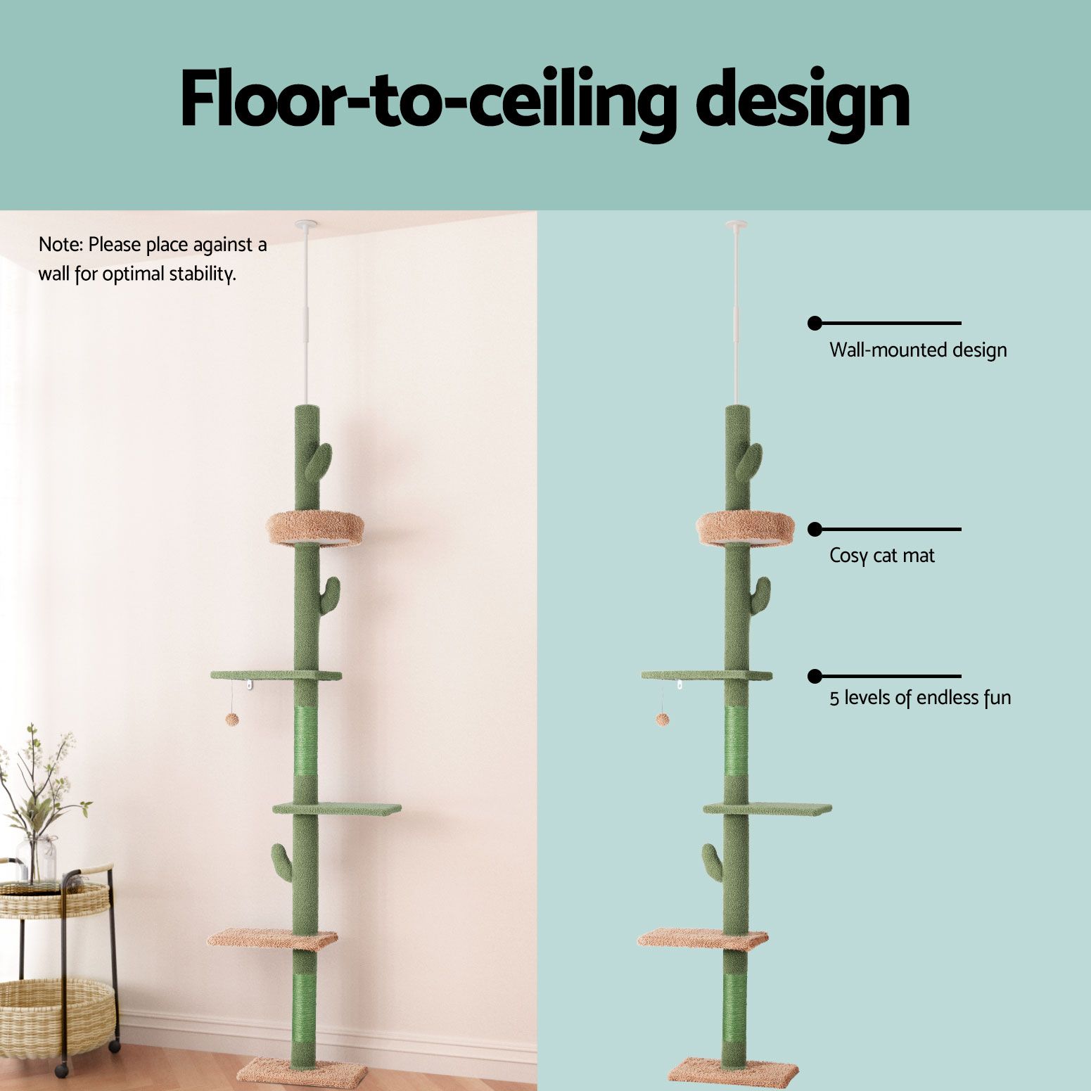 i.Pet Cat Tree Tower Scratching Post Scratcher Floor to Ceiling Cats Bed 290cm โ image 4