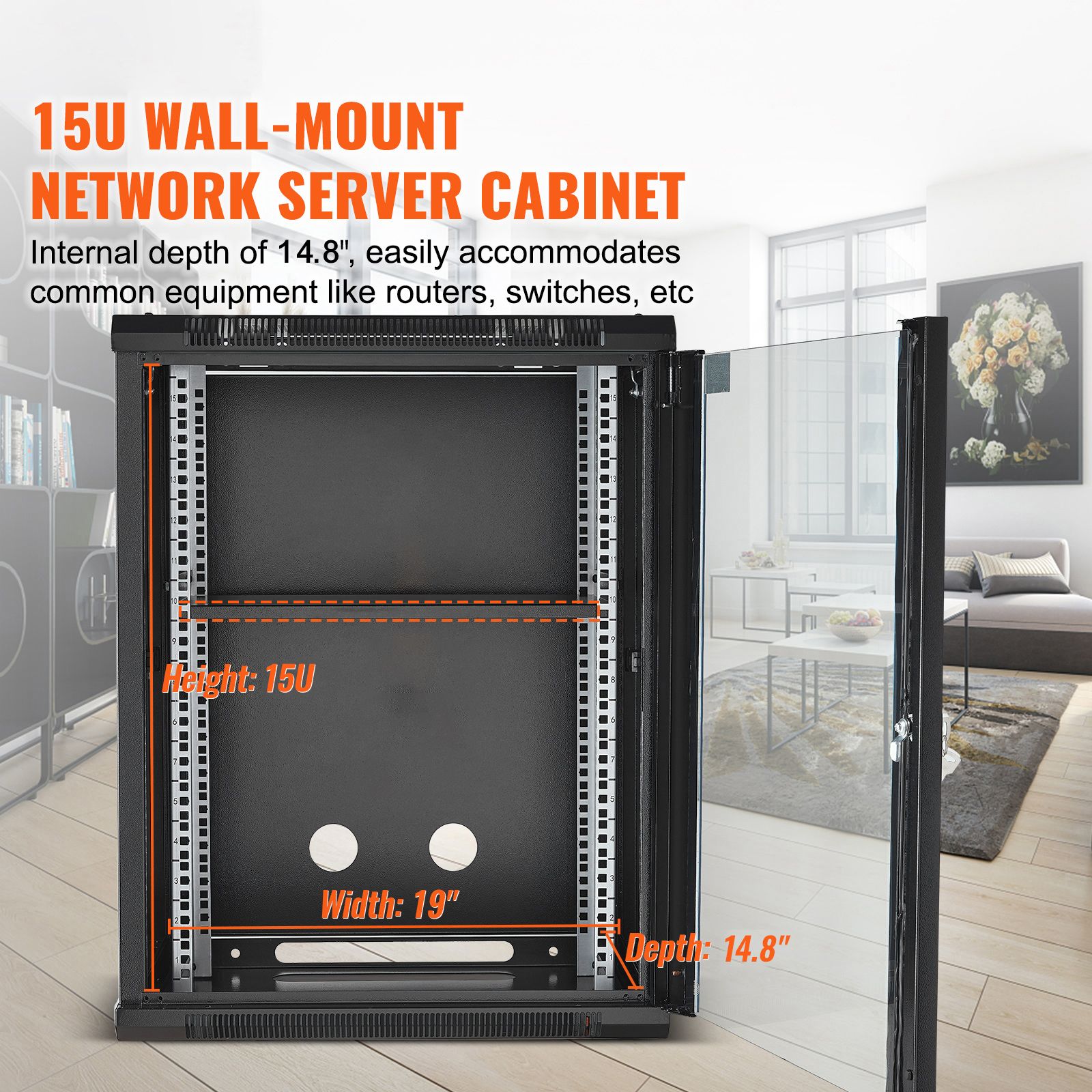 15U Wall Mount Network Cabinet, 226.8 kg Max. Ground Load Capacity, Server Rack Cabinet Enclosure with Locking Tempered Glass Door, Side Panels, Q235 Carbon — image 2