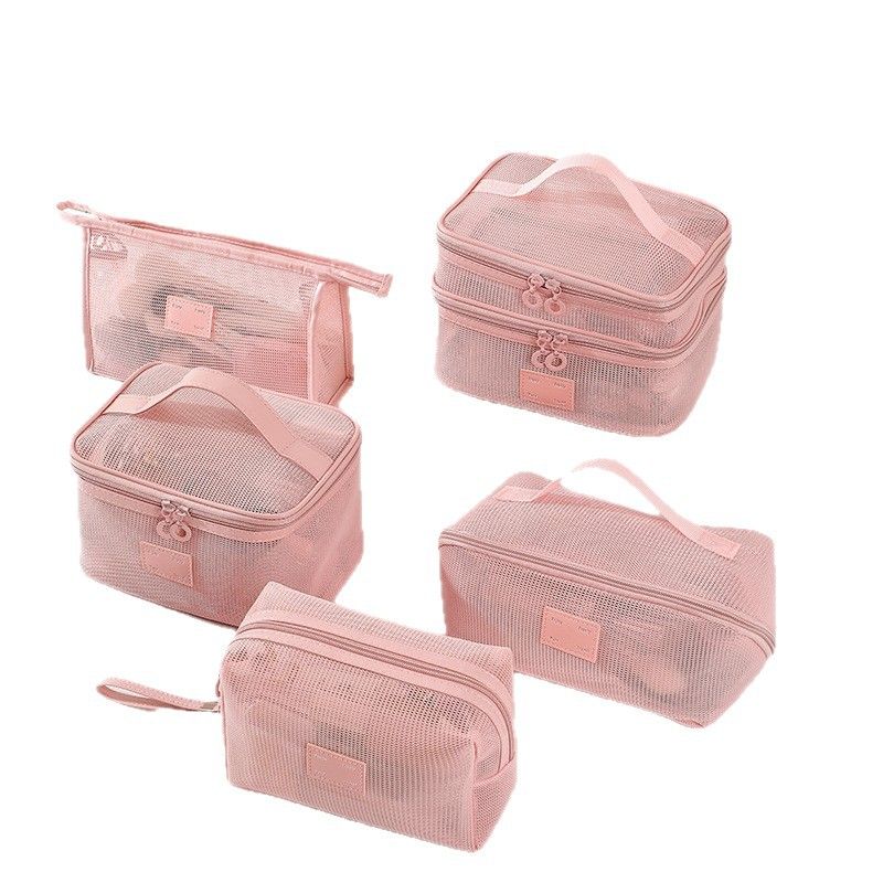 Mesh Breathable Makeup Bag 5-Pack Set - Travel Toiletry Organizer Kit with Triangle Octagonal Square Pillow Double Layer Designs - Cosmetic Storage Pouches
