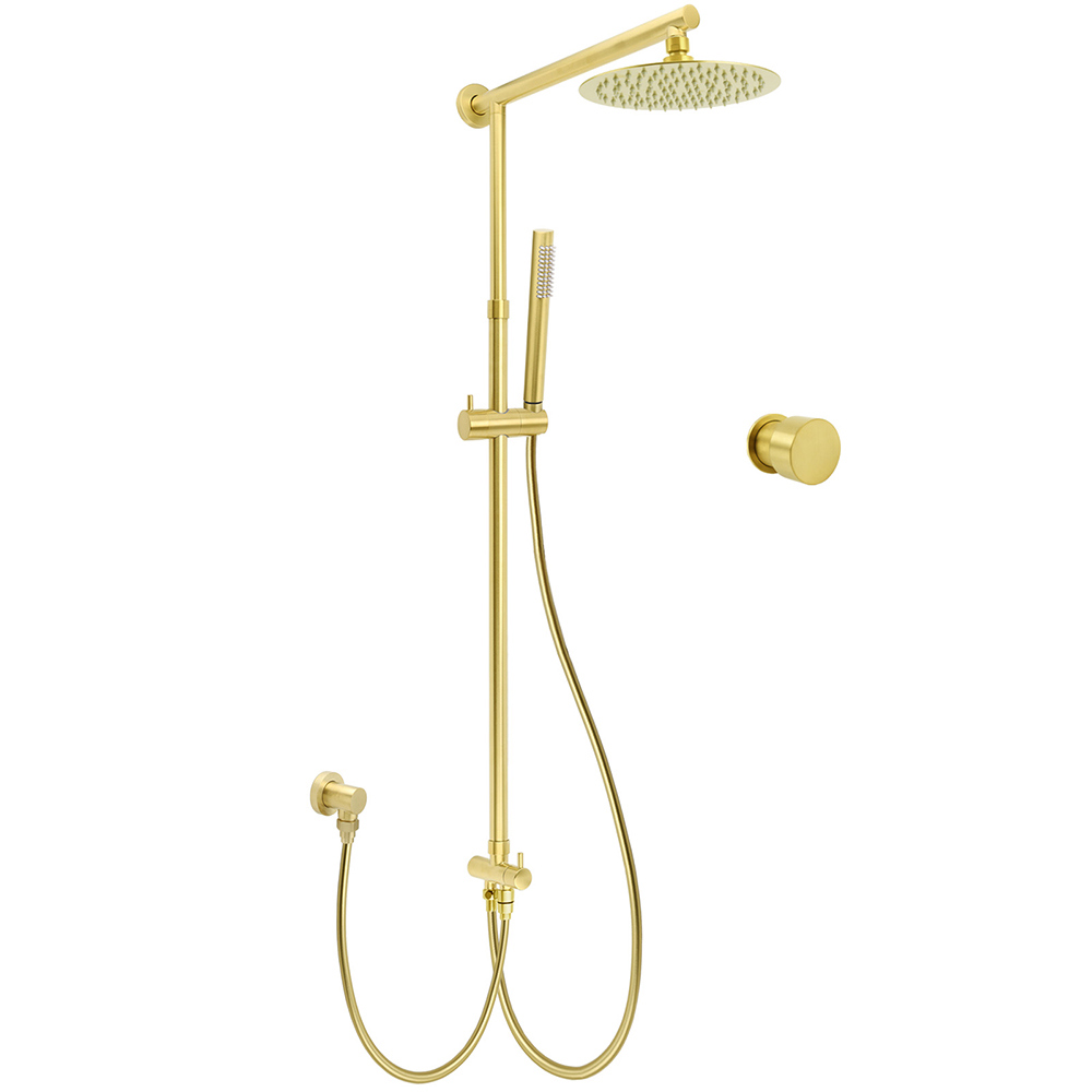 WELS Brushed Gold 2in1 Shower Set 8" Round Head Metal Handheld Rose Sliding Rail Mixer Valve