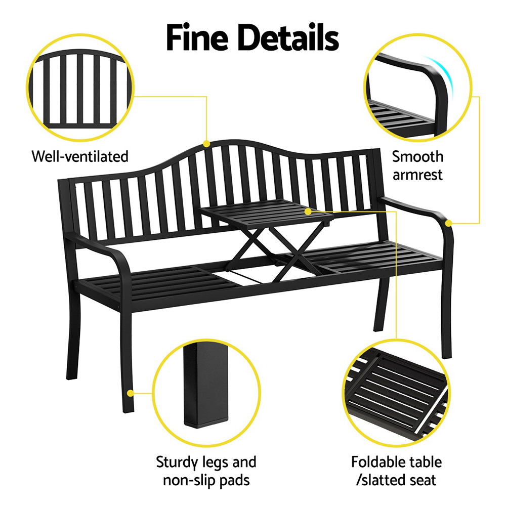 Gardeon Outdoor Garden Bench Seat Loveseat Steel Foldable Table Patio Furniture Black โ image 5