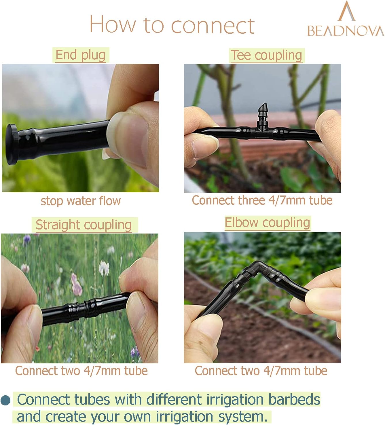 Drip Irrigation Parts 80 Pcs Mix 1/4 Inch Barbed Tee Elbow Straight Couplings End Plugs Fittings Drip Line Connectors for 1/4 Inch Irrigation Tubing Garden — image 4