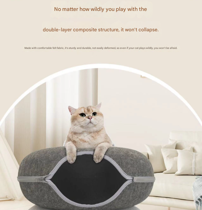 Beige Felt Donut Cat Bed with Zipper Tunnel Toy, Double-Layer Pet Cave for Cats, M Size (50x20cm), Cozy Hideaway for Indoor Cats — image 4