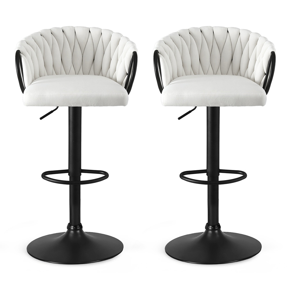 Artiss Bar Stool x2 Kitchen Dining Chair Counter Gaslift Woven Velvet Ivory — image 3