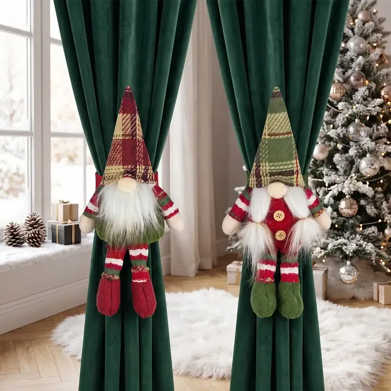 2-Pack Christmas Faceless Old Man Curtain Tiebacks | Polyester Red & Green Plaid Pointed Hat, 25cm Soft Fabric Tie Design, Dual Function as Curtain Holder & — image 4