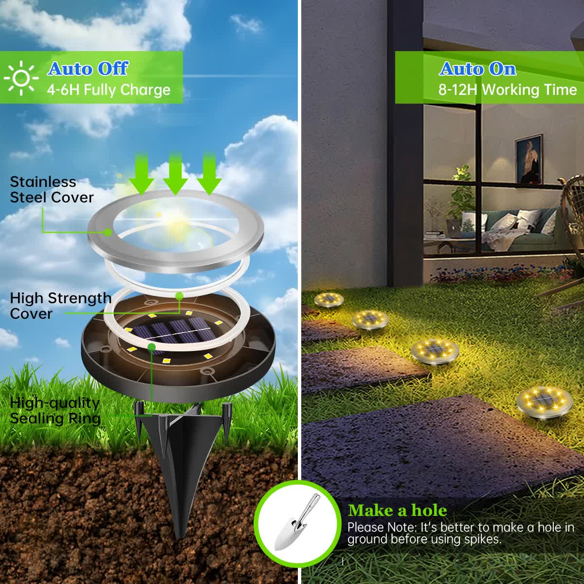 4-Pack Solar LED In-Ground Warm Yellow Light Set (Single 7.1x7.1x6.1cm) - Stainless Steel Waterproof Outdoor Garden Pathway and Landscape Spike Lamp — image 3