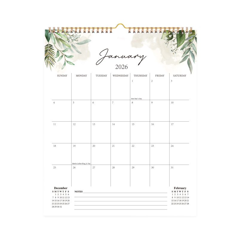 Calendar 2026 - Hangable 12 Months - Calendar - With wire-o-binding - Yearly calendar - Monthly planner - Wall calendar - 37 × 30cm - Green branches and leaves