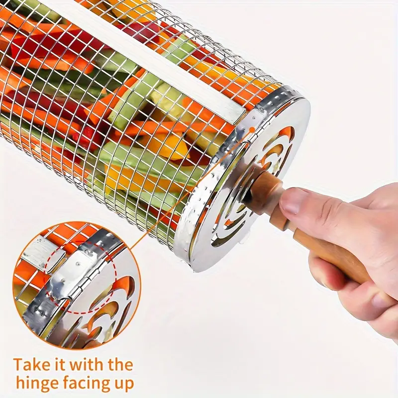 2-Pack Stainless Steel Rotating Grill Baskets with Removable Wooden Handle – Durable 304 Mesh for Veggies, Prawns & More – Perfect for BBQ, Camping & Outdoor — image 5