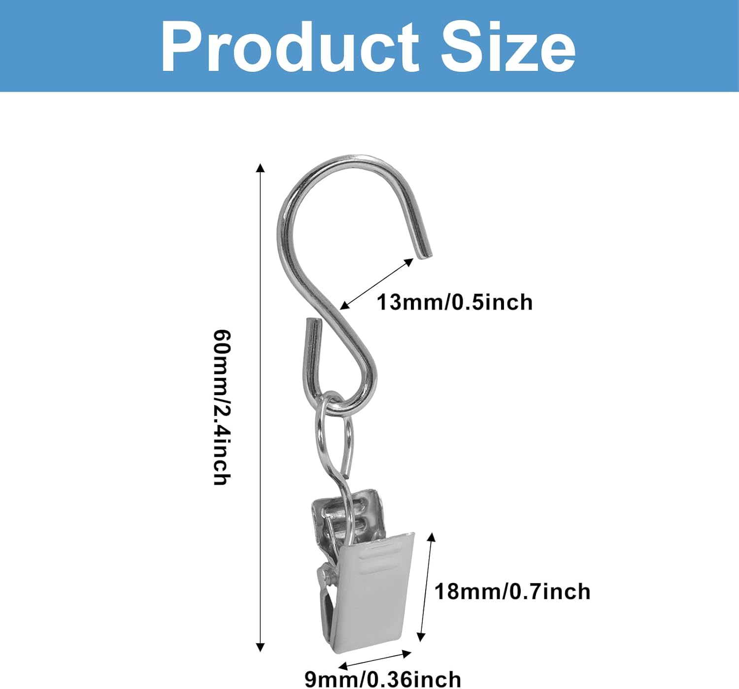 50 Pack Stainless Steel S Hooks Curtain Clips, Hanging Hangers Party Lights Clips, 2.4 Inch Silver Art Craft Display for Home Decor/Party Planners/Garden — image 3