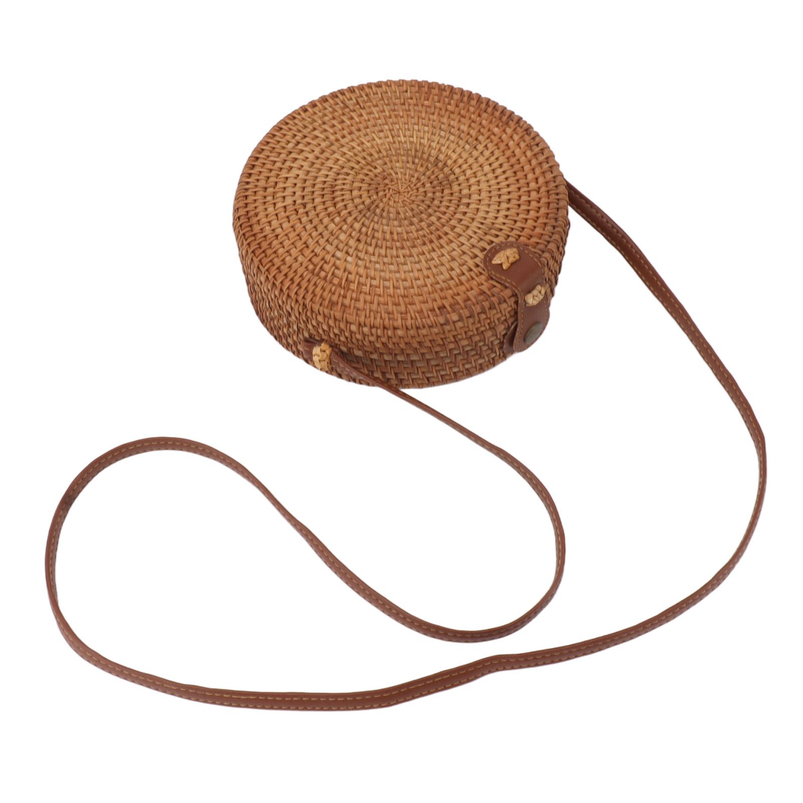 Handwoven Round Rattan Bag Tropical Beach Style Woven Shoulder Rattan Bag with Leather Strap 20cm Diameter Plain Colour Leather Buckle with Lining โ image 4