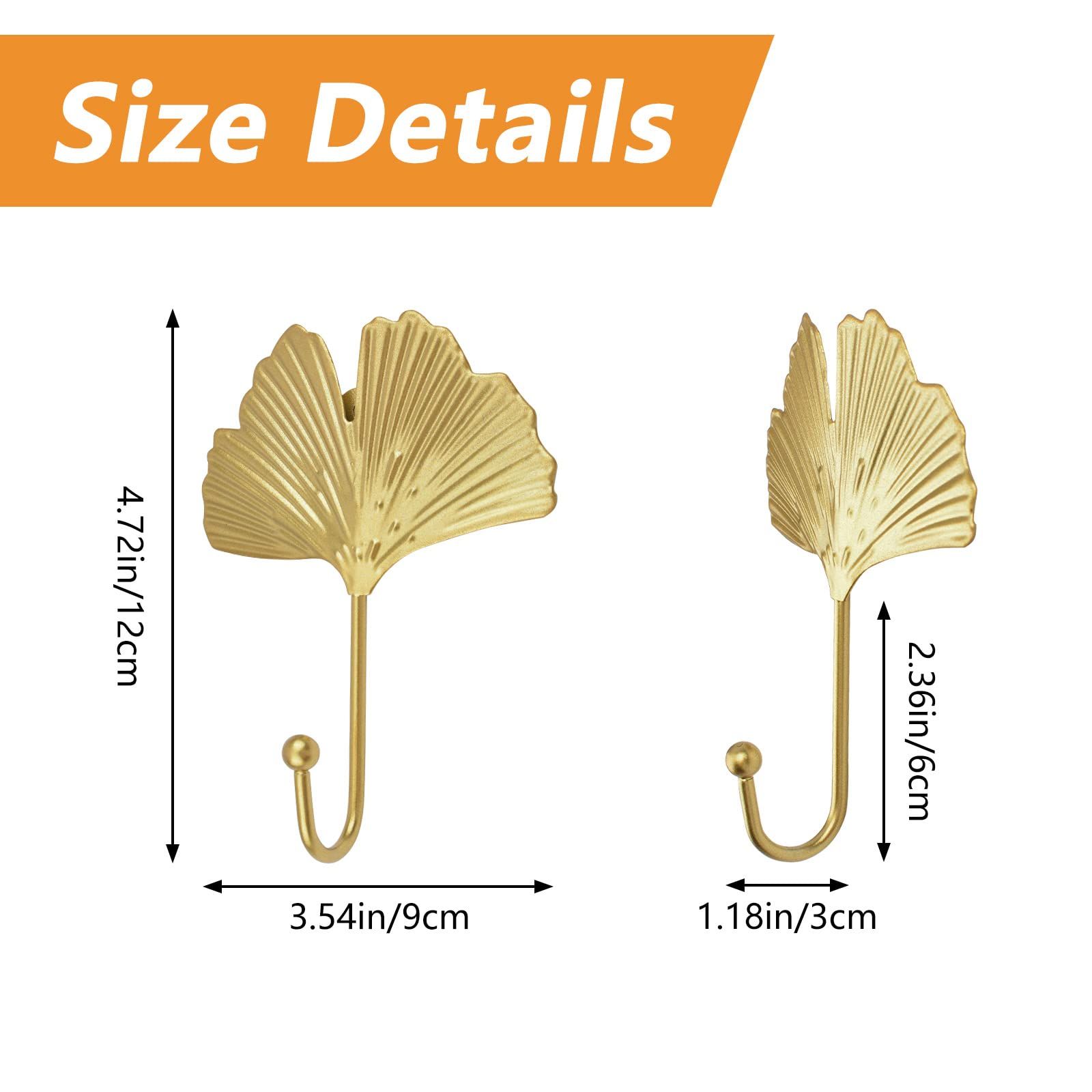 Decorative Leaves Iron Hooks, 4pcs Ginkgo Leaf Shape Wall Mounted Hooks Modern Key Holder Wall Mounted Gold Single Prong Hat — image 2
