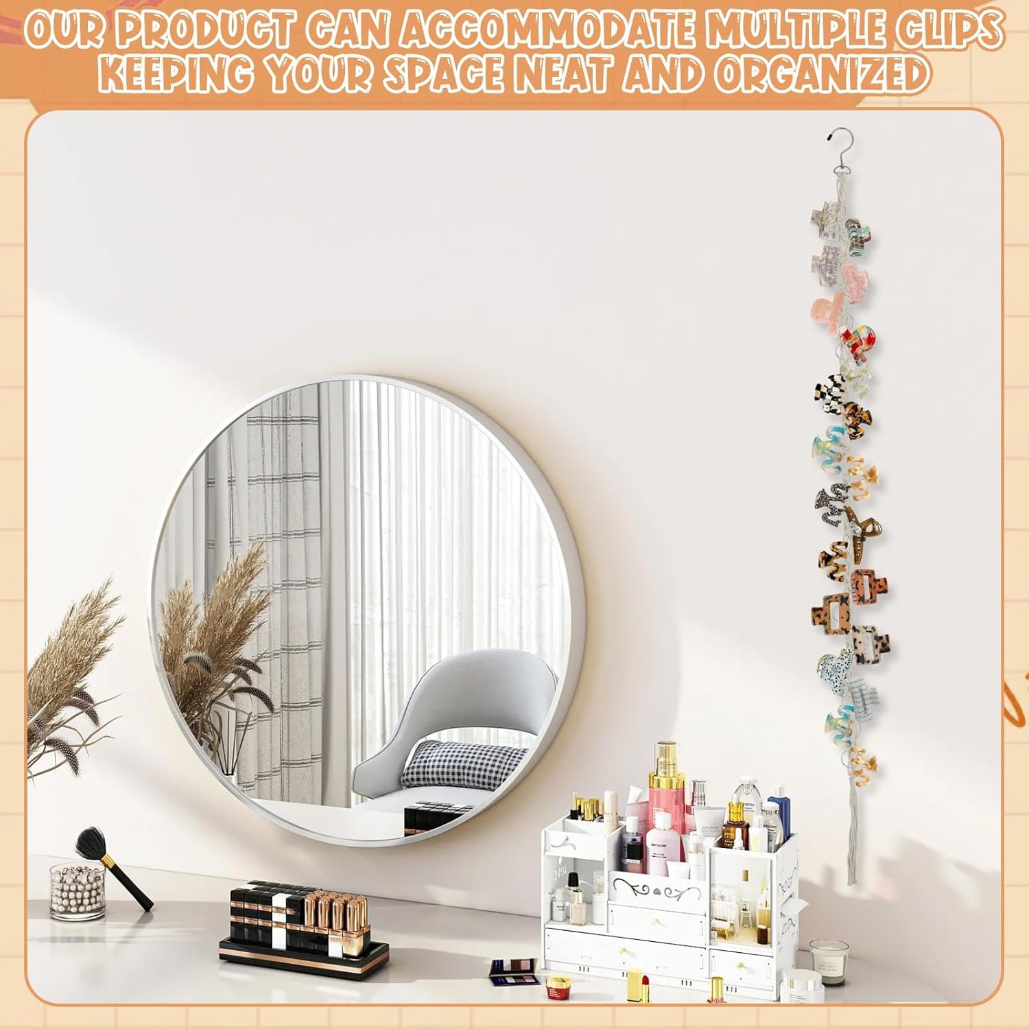 Hanging Braided Hair Clip Organizer with Swivel Hook and 20 Metal Rings, Claw Clip Organizer Daily Necessities for Women, Flexible Hanging Storage Decor for — image 4
