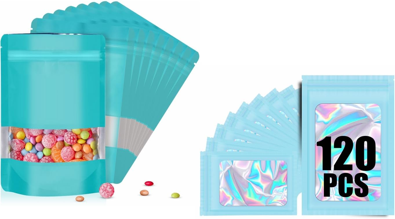 120pcs Mylar Bags for Food Storage+120pcs Holographic Packaging Bags(blue)