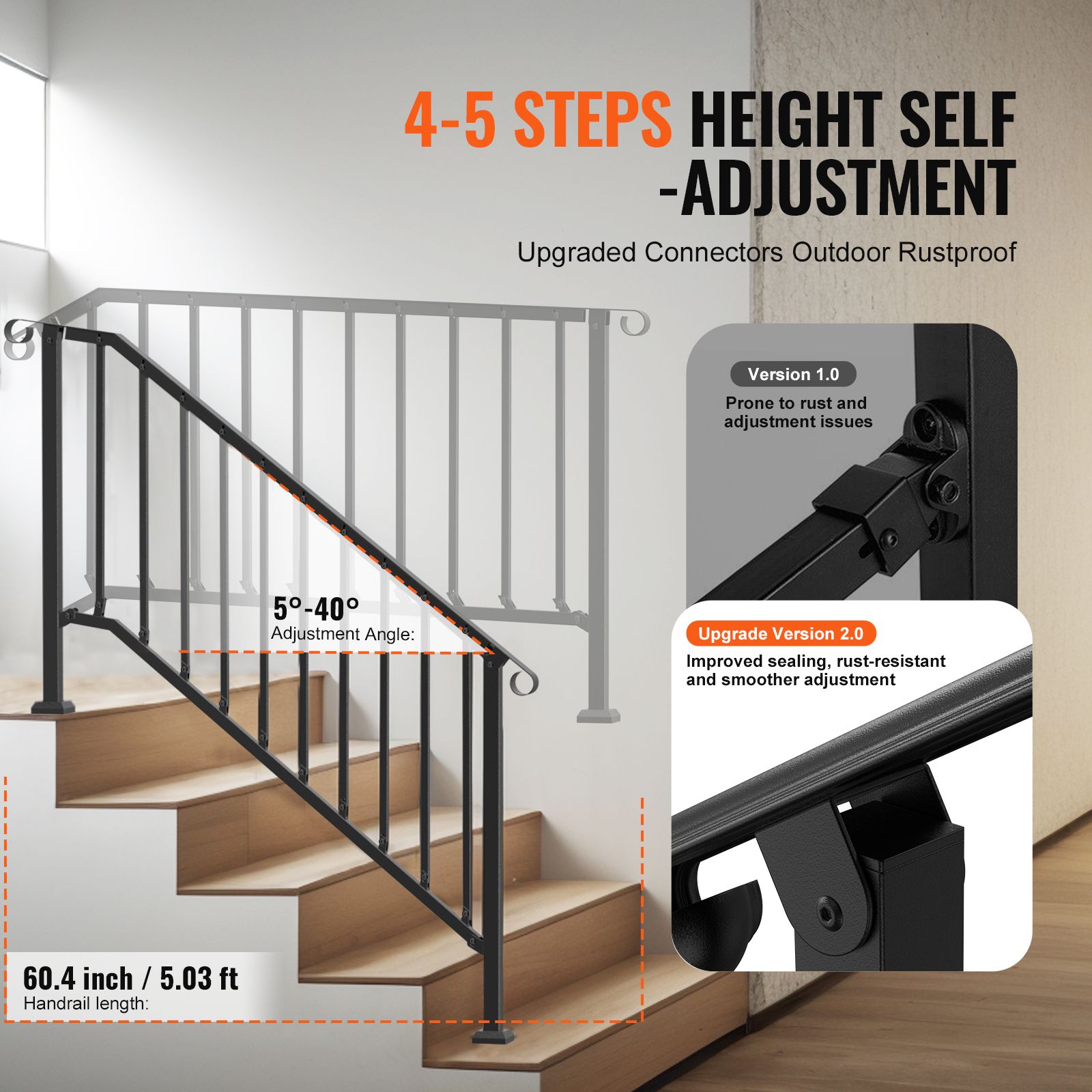 Handrails for Outdoor Steps, 5 Step Stair Hand Rail Kit, Transitional Carbon Steel Railings with Installation Kit, Stair Rails for Seniors, Concrete Steps & โ image 3