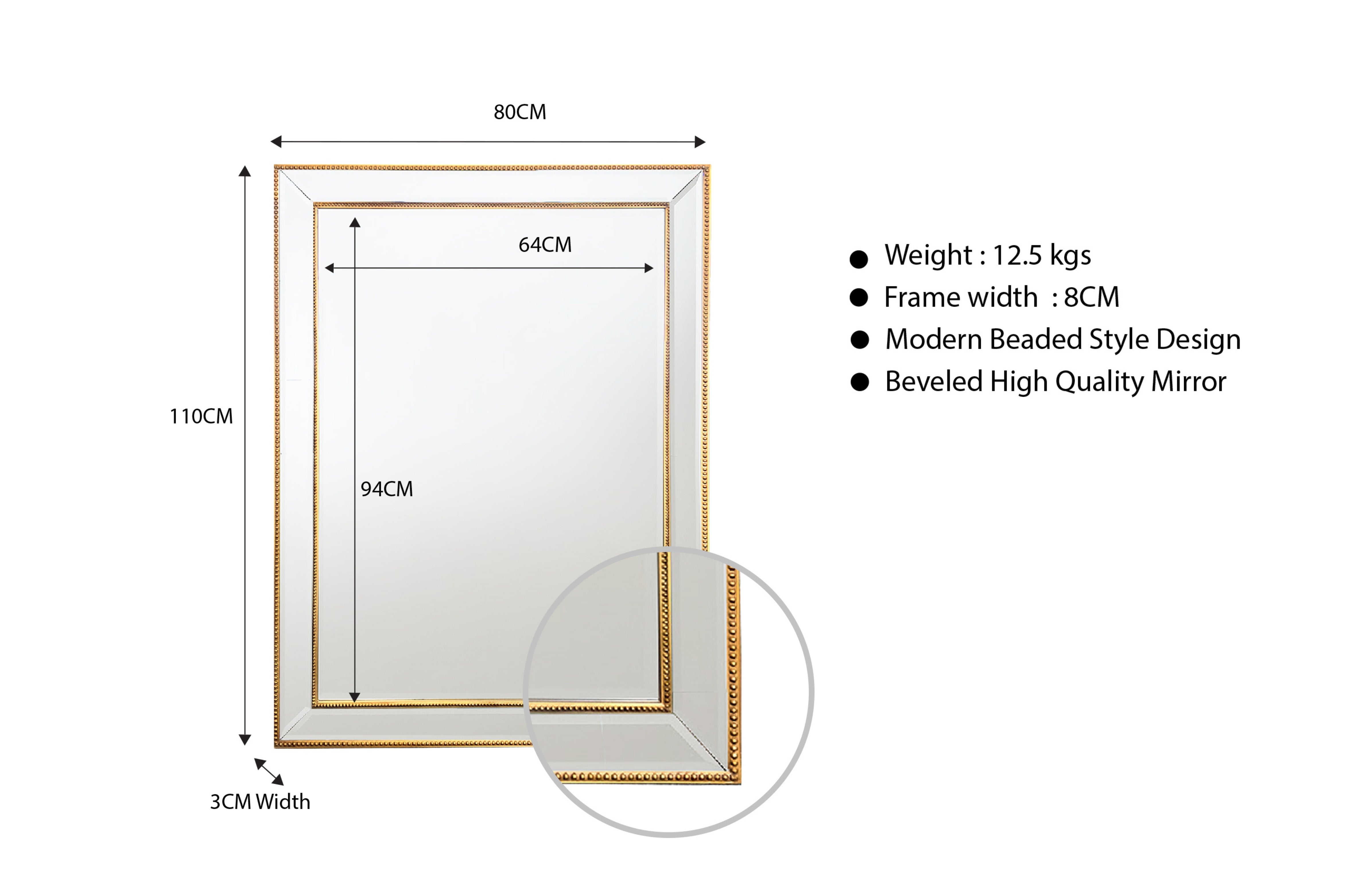 Gold Beaded Framed Mirror - Rectangle 80cm x 110cm โ image 3