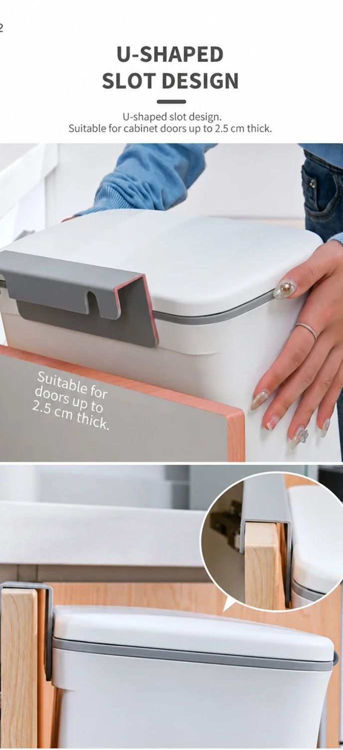 Cabinet Door Hanging Trash Can With Lid, Hook Mount Waste Bin, 9L, Cream, Creative Garbage Container For Kitchen & Washroom, Nice Kitchen Upgrade Gift — image 3