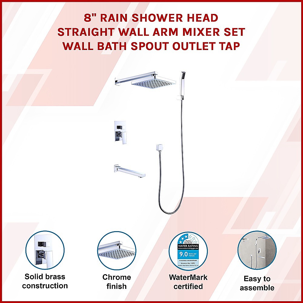 8" Rain Shower Head Straight Wall Arm Mixer Set Wall Bath Spout Outlet Tap โ image 3