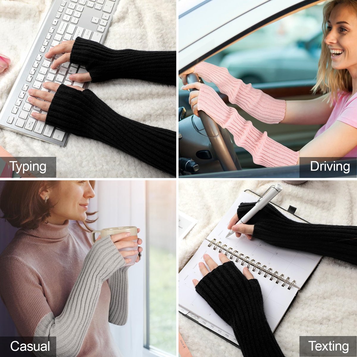 Arm Sleeves - Women's Long Fingerless - Knitted Y2K Arm Sleeves - (Beige) — image 6