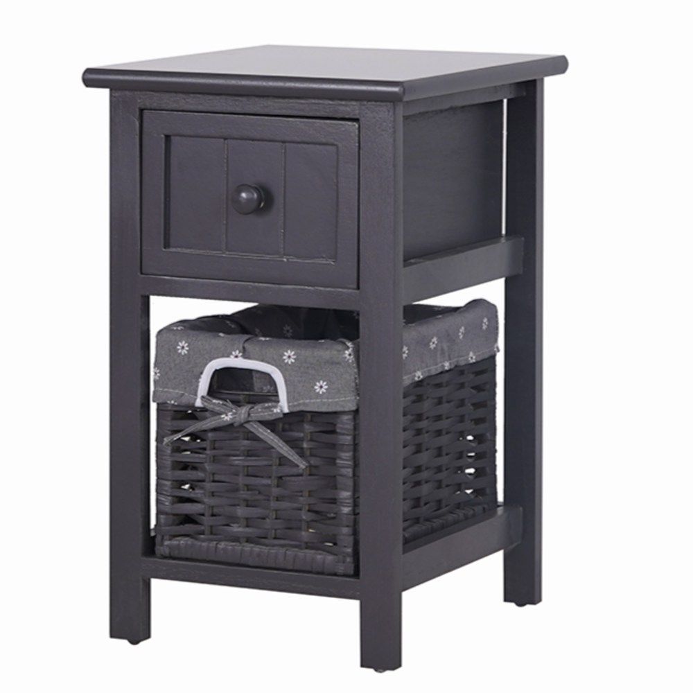 Grey Bedside Table with Wicker Basket — image 3