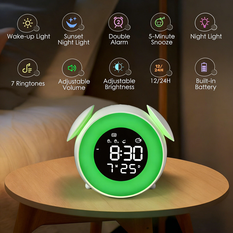 Children's alarm clock, educational day/night alarm clock with 15-color night light, snooze function, 2 alarms, weekday/weekend mode, digital alarm clock for — image 6