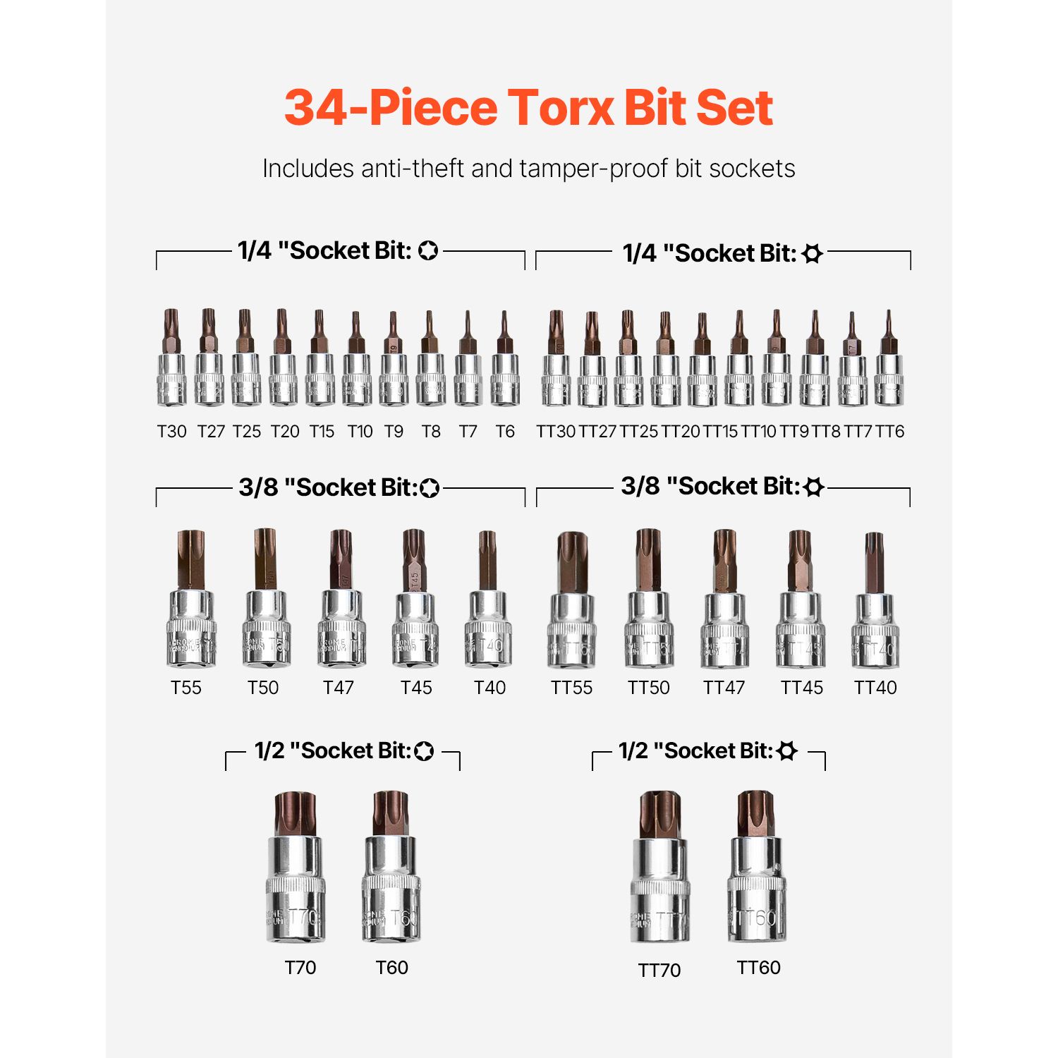 Torx Bit Socket Set, 34-Piece Solid Star and Tamper Proof T6-T70, S2 Alloy Steel and Cr-V Steel, 1/4 in, 3/8 in, and 1/2 in Drives, with Enhanced Storage Case โ image 3