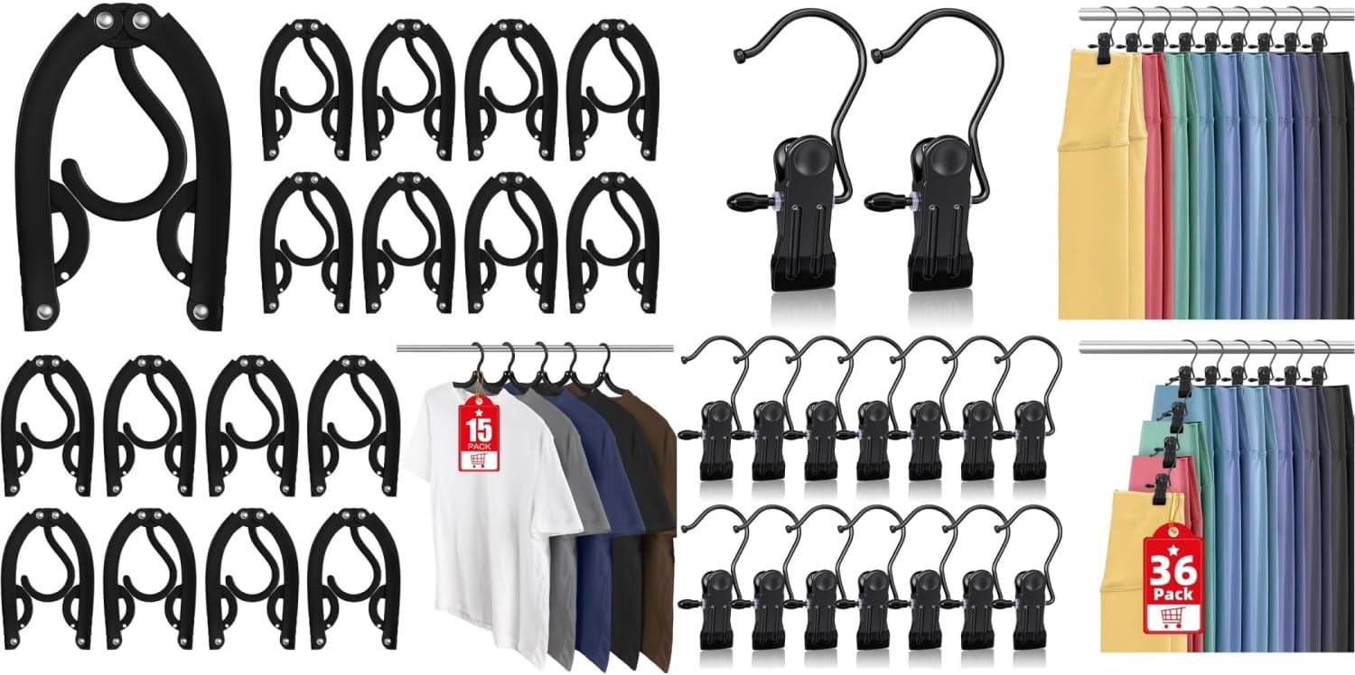 15 Pcs Travel Hangers Portable Foldable Travel Hanger Organizer and 36 Pack Boot Hangers Clips for Closet, Heavy Duty Legging Organizer for Closet