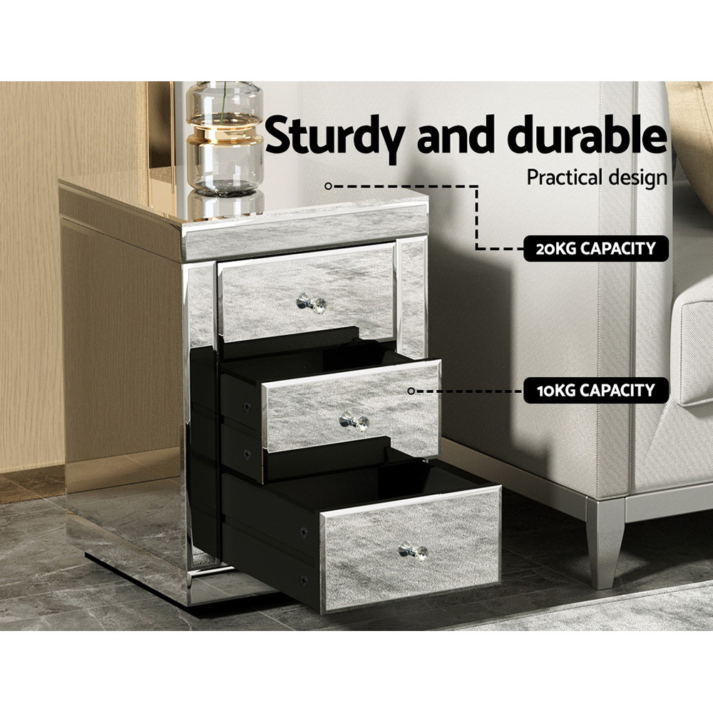 Artiss Set of 2 Bedside Table 3 Drawers Mirrored Glass - PRESIA Silver โ image 5