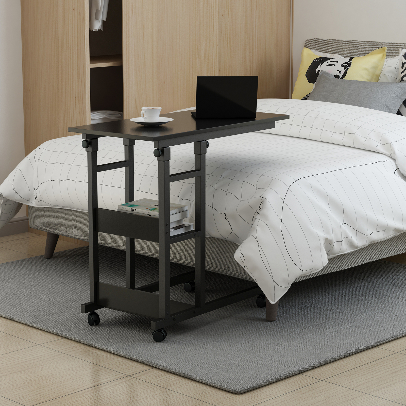 YES4HOMES Side Table with Storage Shelves, Height Adjustable Sofa Couch Coffee End Table Bedside Table Laptop Desk with Wheels โ image 3