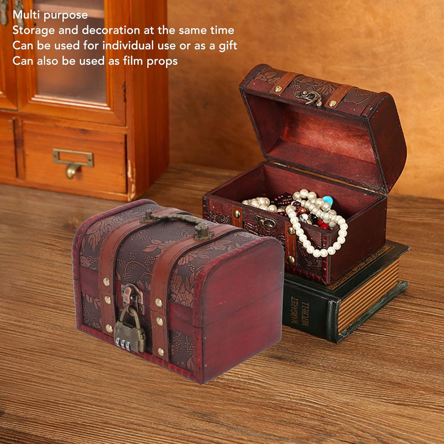 Treasure Chest, Large Capacity Vintage Wood Boxes with Lock Treasure Box Wooden Lock Box Decorative Box Treasure Jewelry Chest with Coded Lock for Girls Ladies — image 3
