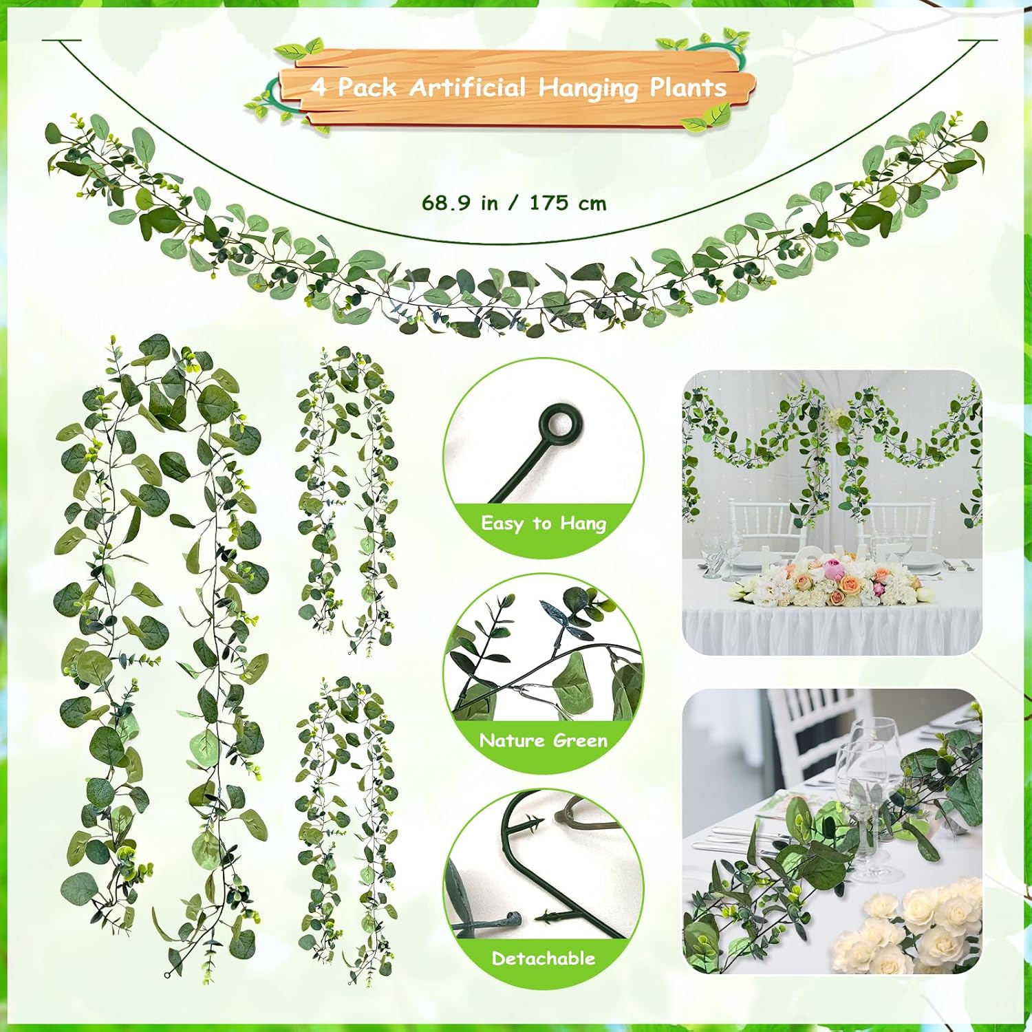 4 Pack Artificial Eucalyptus Garlands for Decoration, Artificial Greenery Garland Fake Vines for Bedroom and Wedding Decor, Artificial Plants with Ivy Vines — image 4
