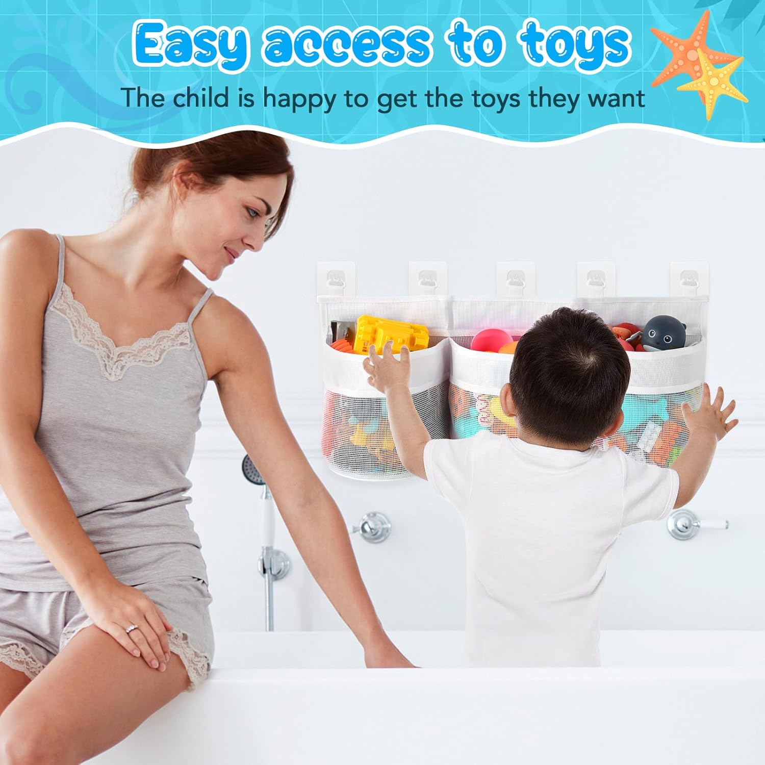 Bathroom Storage Bag with Three Compartments - Bath Toy Organizer - 23.8x9.8x4.7 Inch - White — image 5