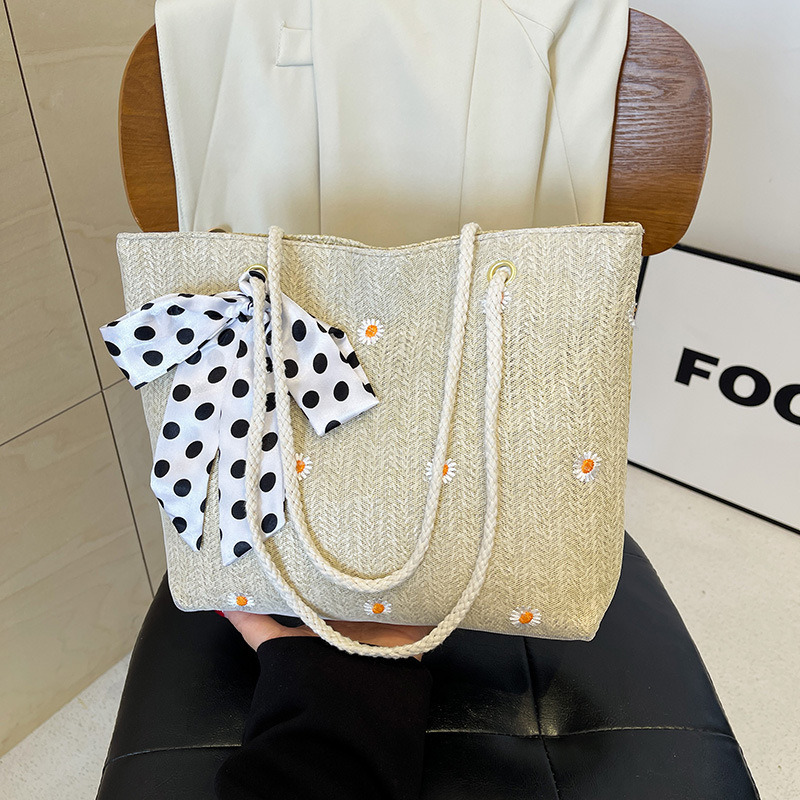 White Women's Straw Woven Tote Bag Summer Daisy Embroidery Shoulder Handbag with Ribbon Scarf — image 3